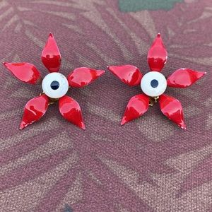 Red Flower Clip On Earrings Vintage